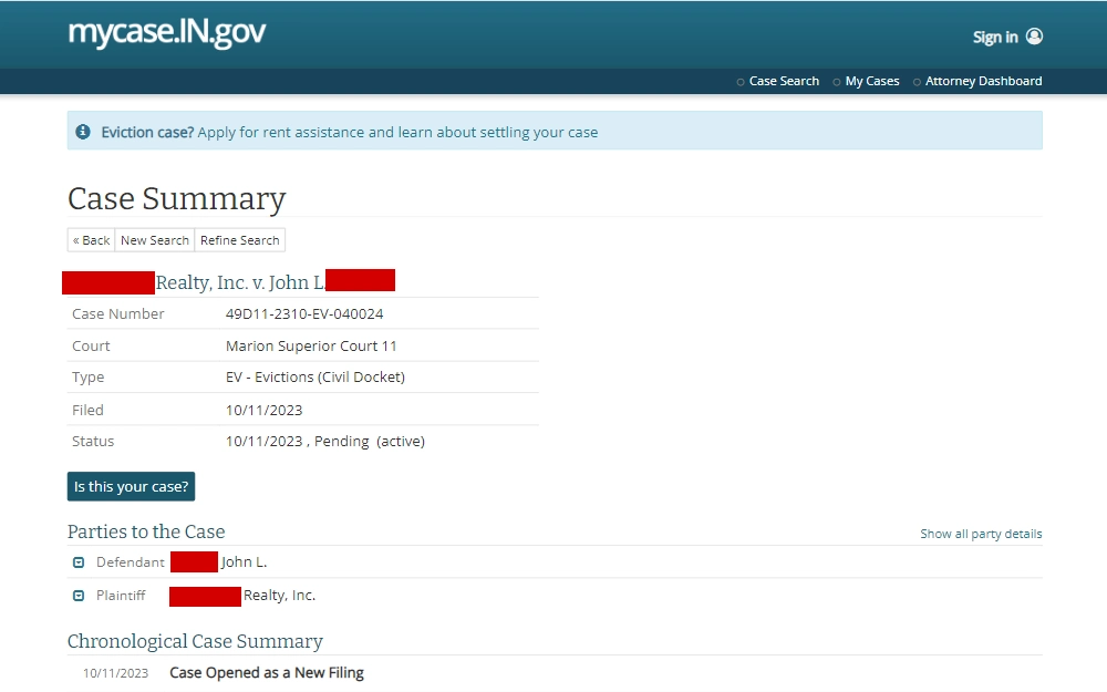 A screenshot of the search tool that allows users to obtain case information.