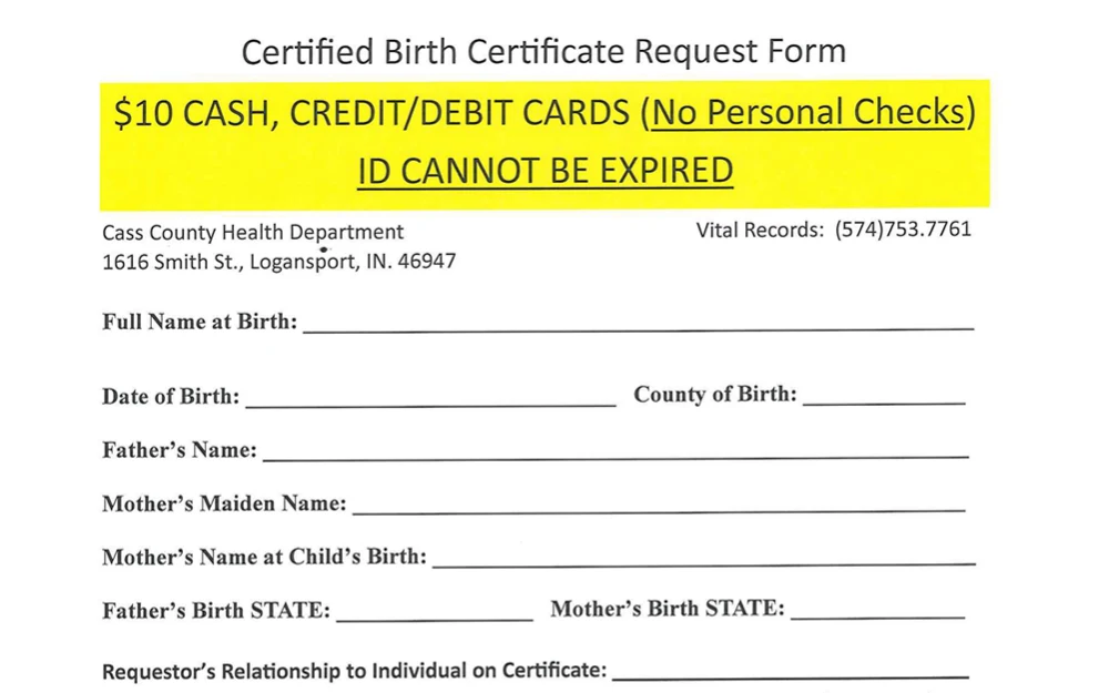 A screenshot of the form used to obtain birth documents in Indiana.
