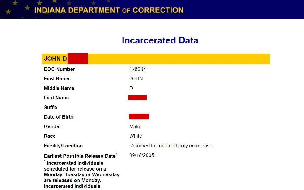 A screenshot of the search tool that allows the public to search for inmates in Indiana.
