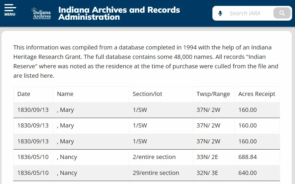 A screenshot of the database that offers extensive information about land records.