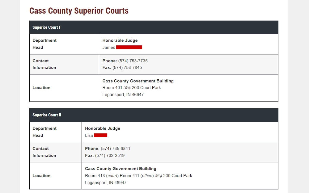 A screenshot showing a chart of Cass County Superior Courts 1 and 2 displaying the department head, contact information, and location from the Cass County, Indiana Government website.