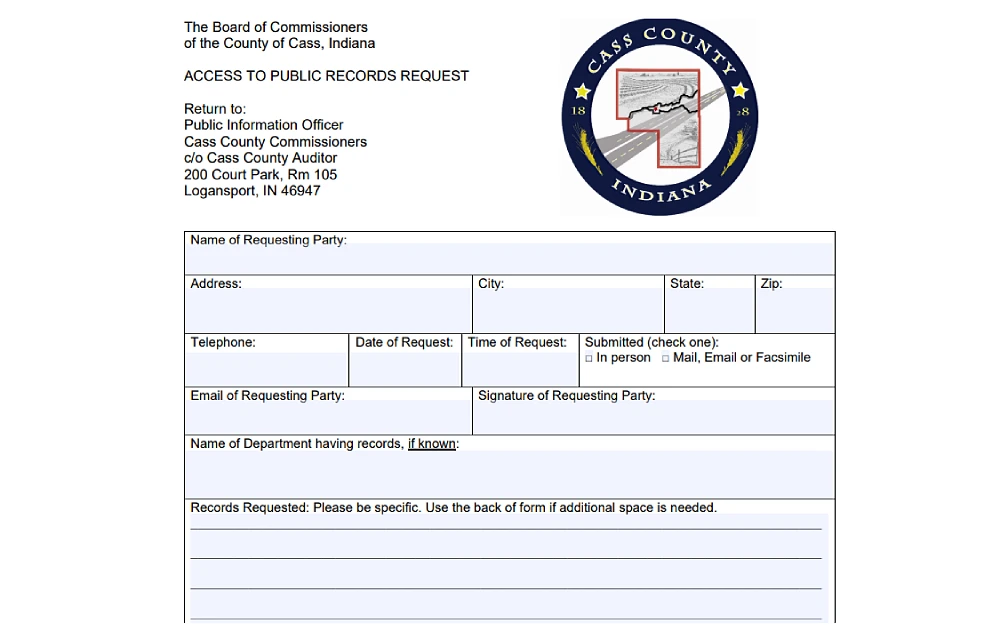 A screenshot displaying a public records request form requires information such as the requesting party's name, address, city, state, ZIP code, telephone, date of request, time of request, email, and signature of the requesting party.